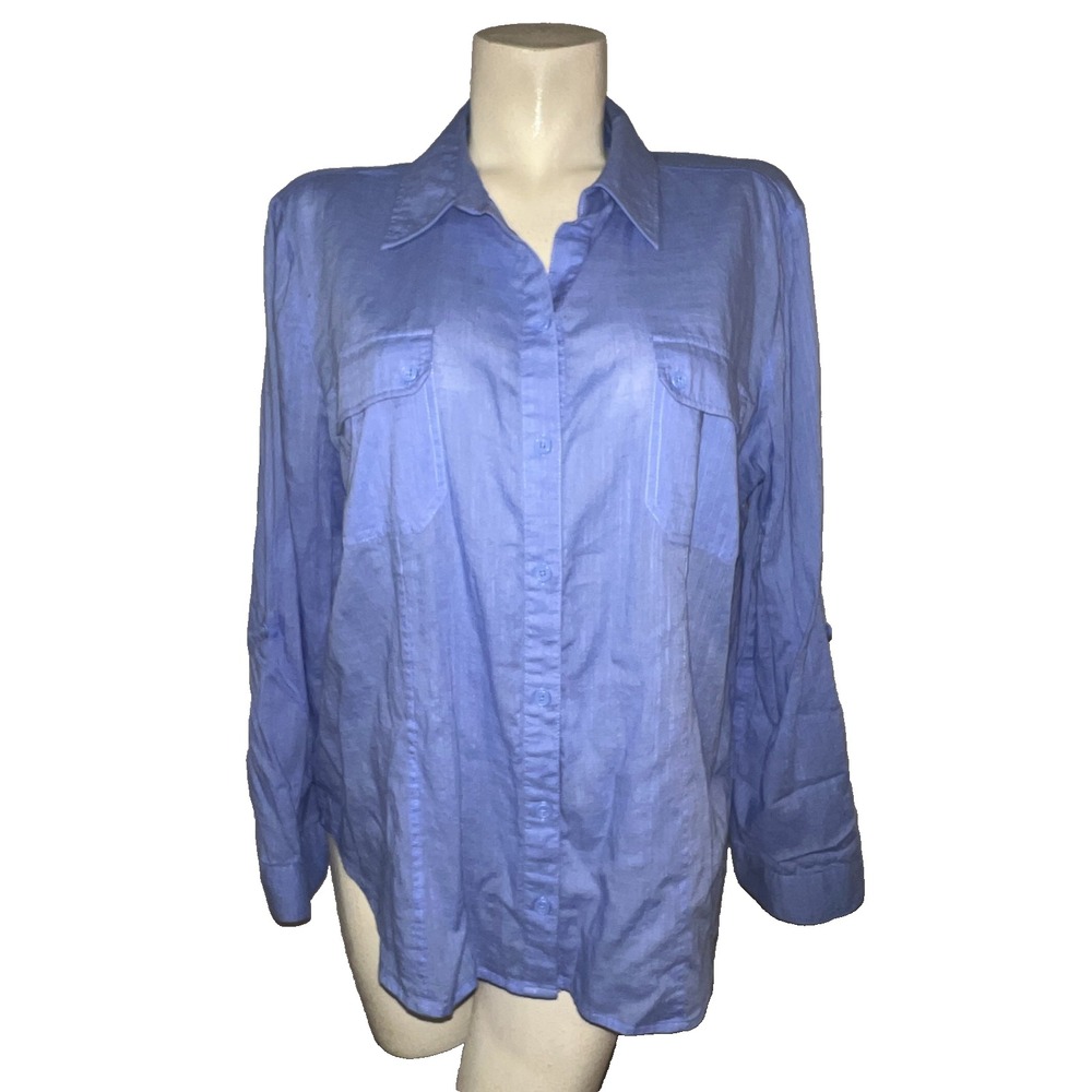 Chicos Top Blue Roll Tab Sleeve Button Utility Shirt Split Back Hem Size XL (3)